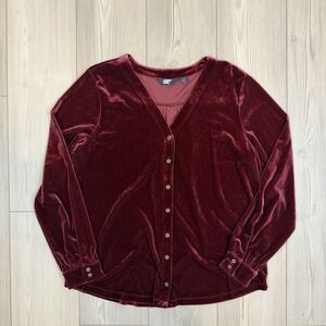 Lands' End Women's Large Burgundy Velvet Burnout Button Down Top Velour